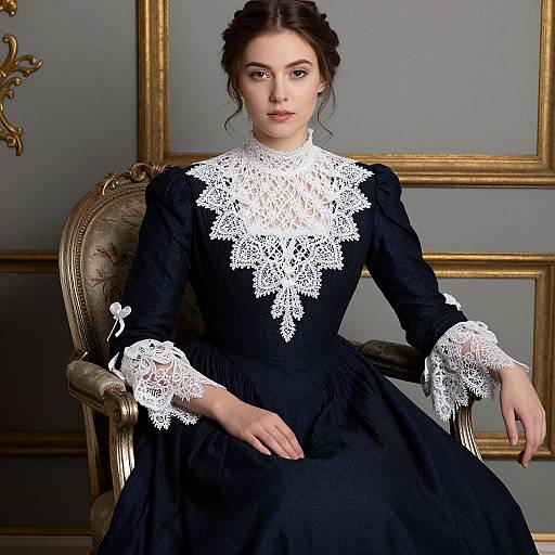 Photograph of a young woman with fair skin and dark hair in an elegant, Victorian-style black dress with intricate white lace collar and cuffs, seated in