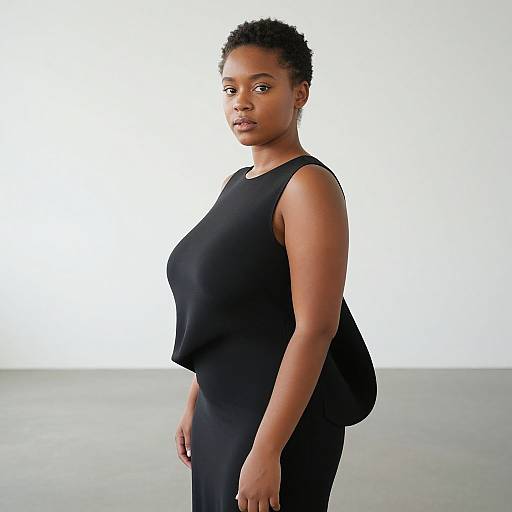 Photograph of a young Black woman with short curly hair, wearing a sleeveless black top and black pants, standing against a white background, looking slightly