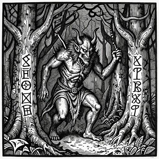 Black and white ink drawing of a muscular, anthropomorphic wolf-like creature with horns, surrounded by dense, twisted trees. Japanese text surrounds the creature.