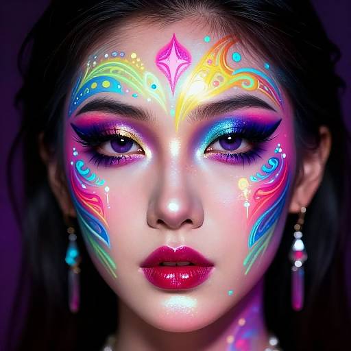 Photograph of an Asian woman with vibrant, neon face paint patterns, colorful eyeshadow, and glowing accents, wearing dangling earrings, against a dark