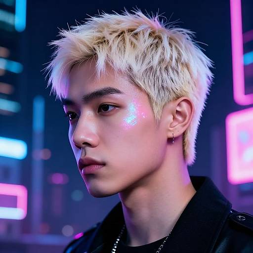 Photorealistic portrait of a young, androgynous person with platinum blonde, spiky hair, glowing skin, wearing a black jacket, and