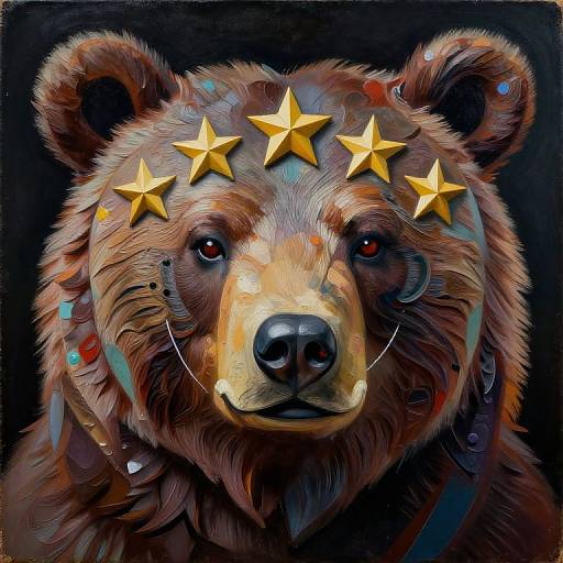 Digital painting of a brown bear with five golden stars on its forehead, dark background, textured fur, and colorful abstract elements.