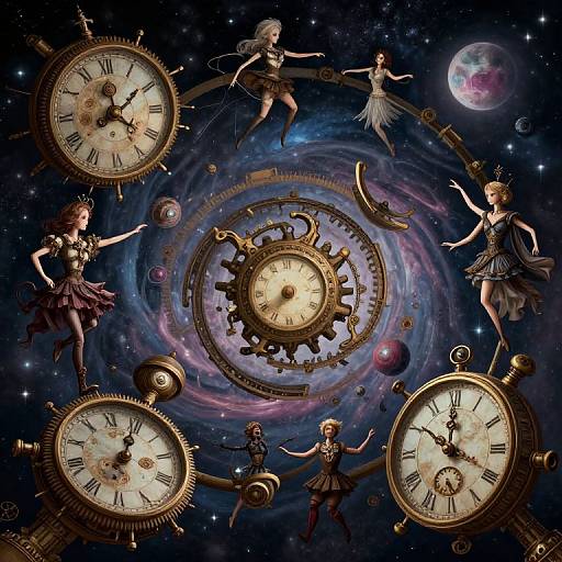 Digital art: Six dancing, clockwork girls in dresses orbit around a cosmic, gear-filled clock against a starry, galaxy backdrop with a planet.