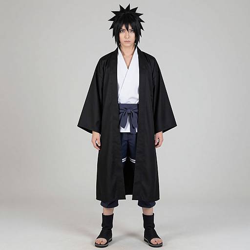 Photograph of a young man with spiky black hair, wearing a black kimono over a white shirt, black pants, and sandals. White background