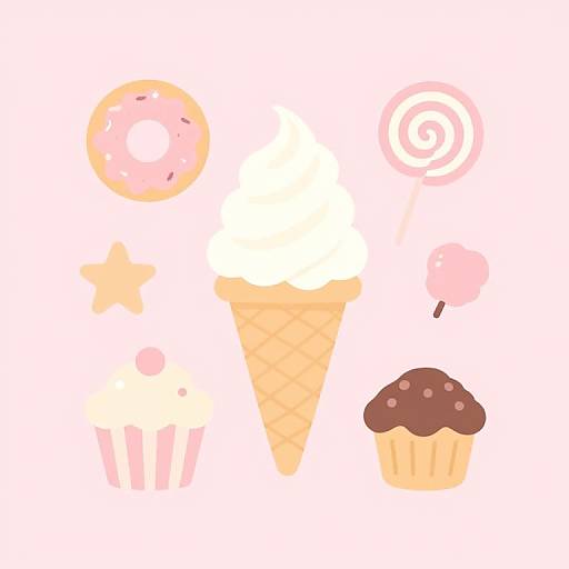 Cute digital illustration of pastel-colored treats: donut with pink sprinkles, swirl lollipop, star-shaped candy, ice cream cone, and