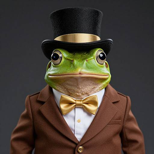 Photograph of a green frog wearing a black top hat, gold bow tie, and brown suit jacket against a dark background.