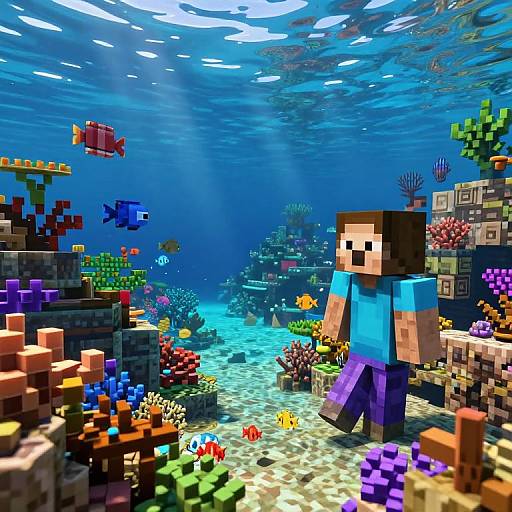 Digital Minecraft-style image of a blocky, blue-shirted character exploring a vibrant, underwater coral reef with colorful fish and sunlit water.
