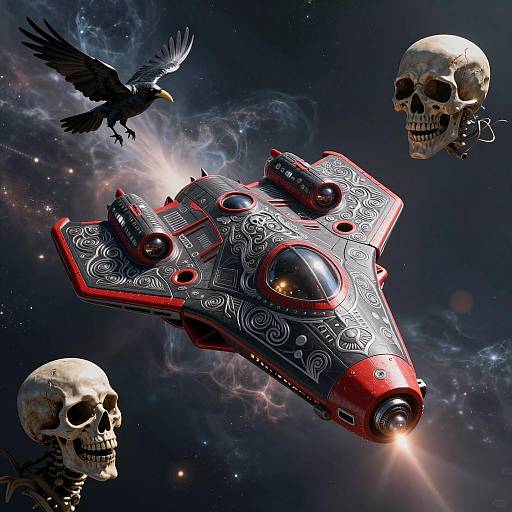 Black and Red Filigree Spaceship with Ravens and Skulls in Space