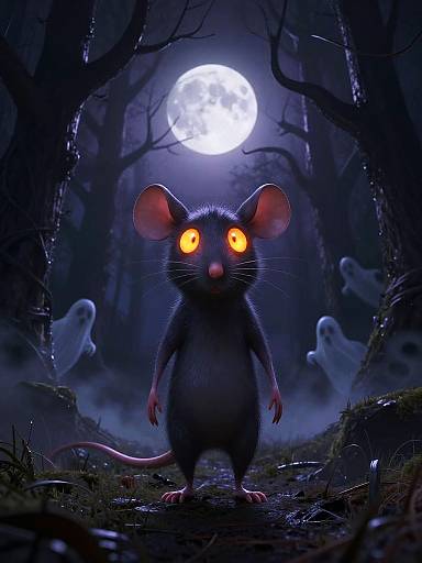 Digital artwork of a glowing-eyed black mouse standing in a spooky, moonlit forest with ghostly figures and twisted trees.