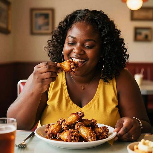 Joyful Woman Enjoying Crispy Wings