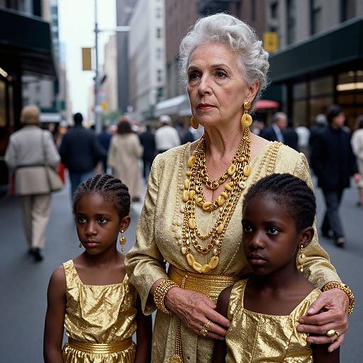 Photograph of an elderly white woman with white hair, wearing gold jewelry and a gold dress, standing in a city street with two young black girls in
