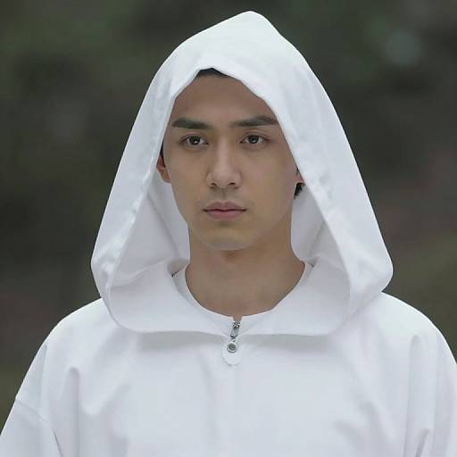 Photograph of a young man with light skin and dark hair, wearing a white hooded garment, standing against a blurred dark green background. Neutral expression