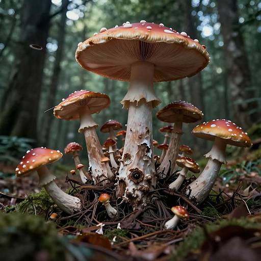 Photograph of vibrant red-and-white-spotted mushrooms with tall white stems, growing in a dense, sunlit forest, surrounded by moss and fallen leaves