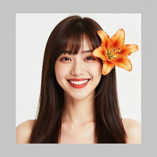 Smiling Woman with Lily and Bangs
