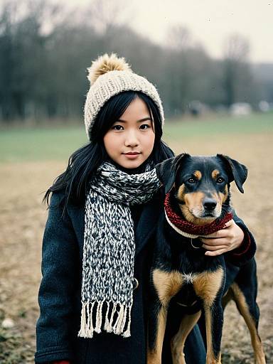 Young Woman with Dog in Winter Outdoors