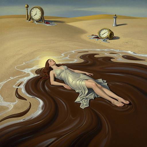 Digital surreal artwork: A woman in a white dress lies on dark, flowing sand, surrounded by three clocks and a small hourglass on a sunlit