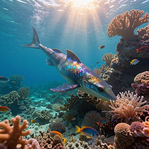 Photograph of a shimmering blue fish swimming through a vibrant, sunlit coral reef, surrounded by colorful fish and diverse coral formations underwater.