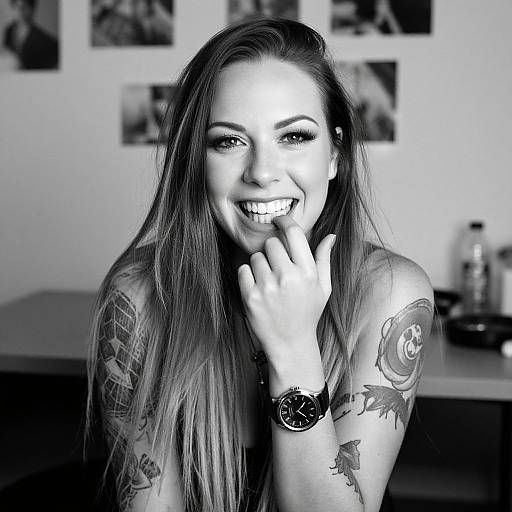 Smiling Tattooed Woman in Black and White