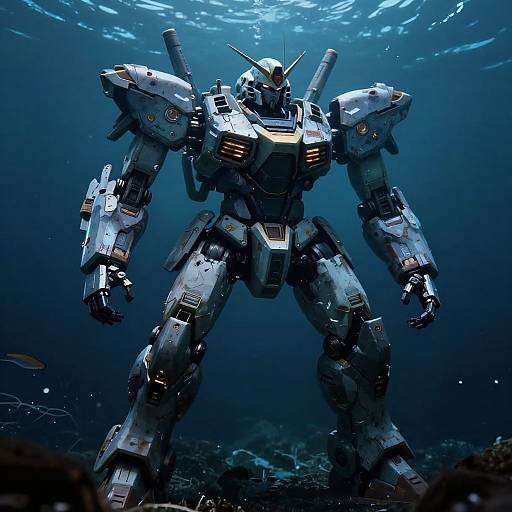Photorealistic CGI of a giant, silver and gray, underwater mecha with glowing orange eyes and cannons, standing on a dark ocean floor.