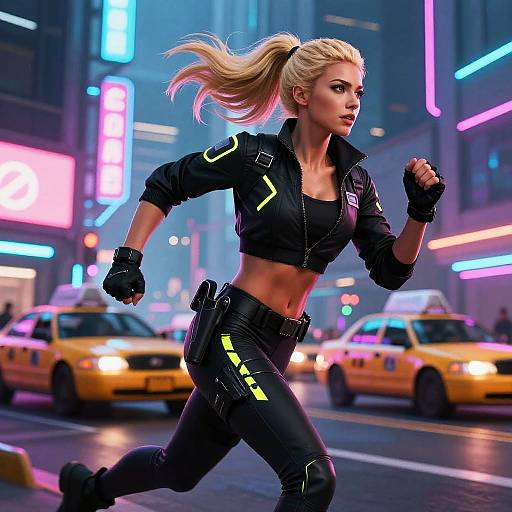 Digital artwork of a blonde, athletic woman in a black crop top and pants with neon accents, running through a neon-lit New York City street with