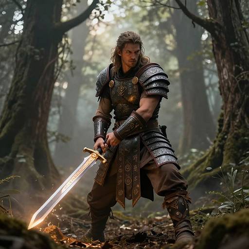 Photorealistic digital artwork of a muscular, bearded warrior with long hair, wearing dark, ornate armor, holding a glowing sword in a mist