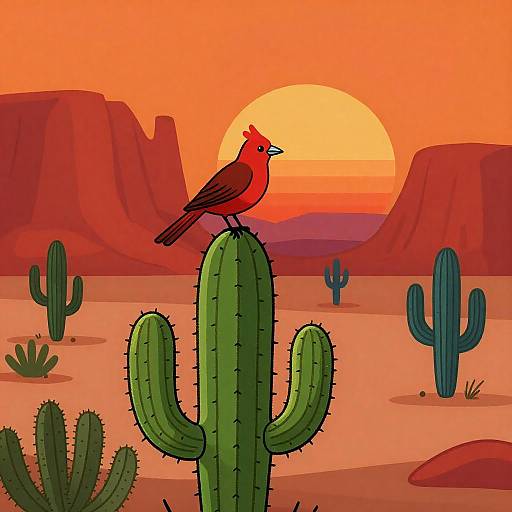 Cartoon Desert Sunset with Cactus Bird