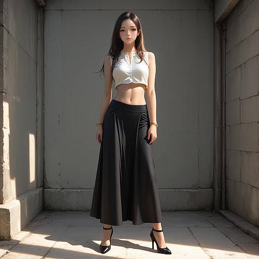 Stylish woman in long skirt and crop top