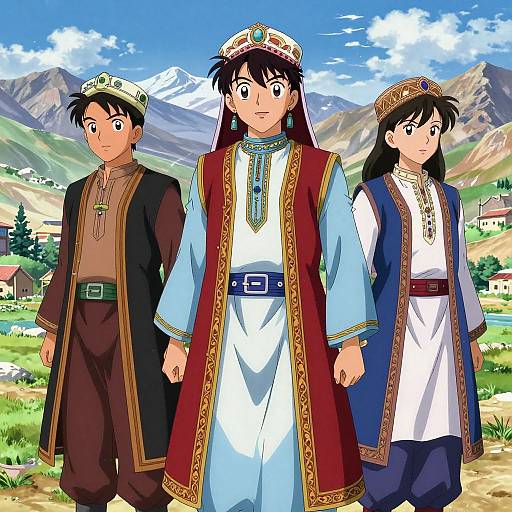 Digital anime-style illustration of three young men in traditional Central Asian clothing, standing in a mountainous village with a bright blue sky.