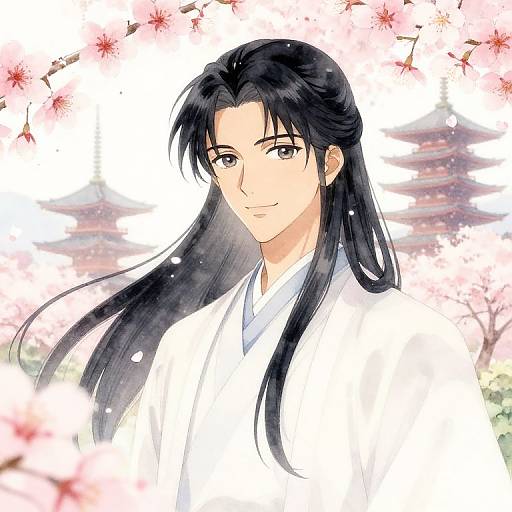 Anime-style digital drawing of a handsome man with long black hair, wearing a white kimono, standing amidst cherry blossoms with traditional Japanese architecture in the