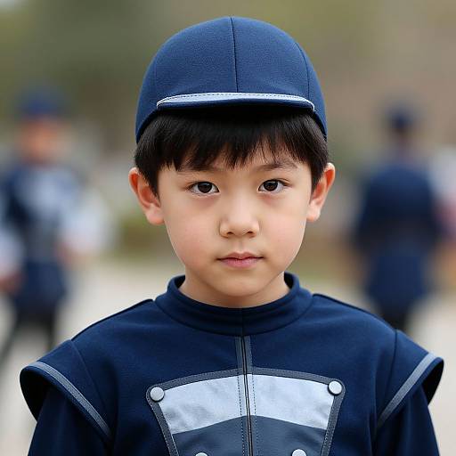 Photograph of an Asian boy with fair skin, black cap, and dark blue jacket, standing outdoors with a blurred background.