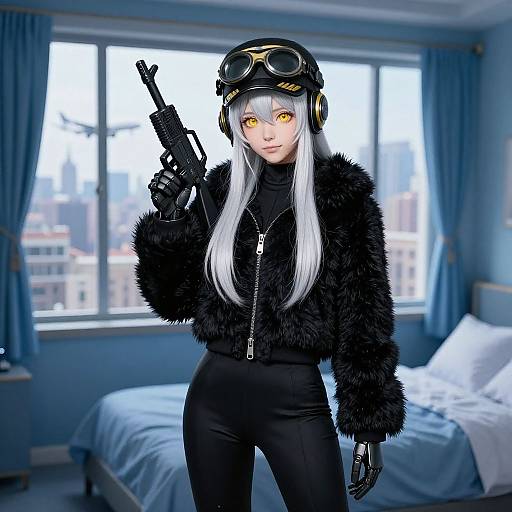 Digital anime-style illustration of a white-haired woman with yellow eyes, wearing a black fur jacket, goggles, and holding a rifle, standing in a blue