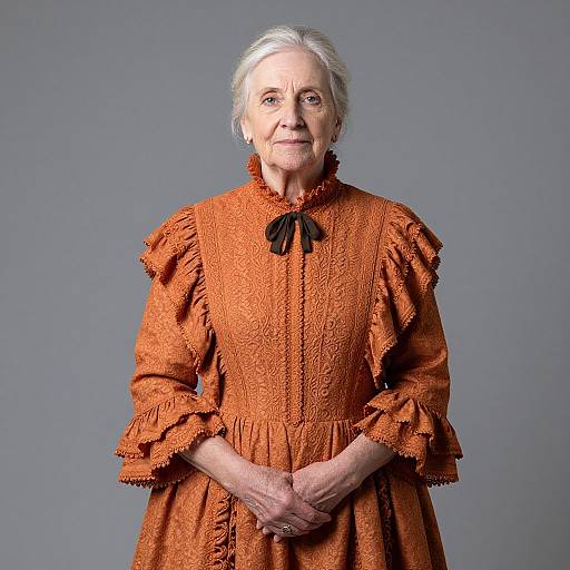 Photograph of an elderly white woman with silver hair, wearing an ornate, orange Victorian dress with black ribbon, standing against a gray background, hands