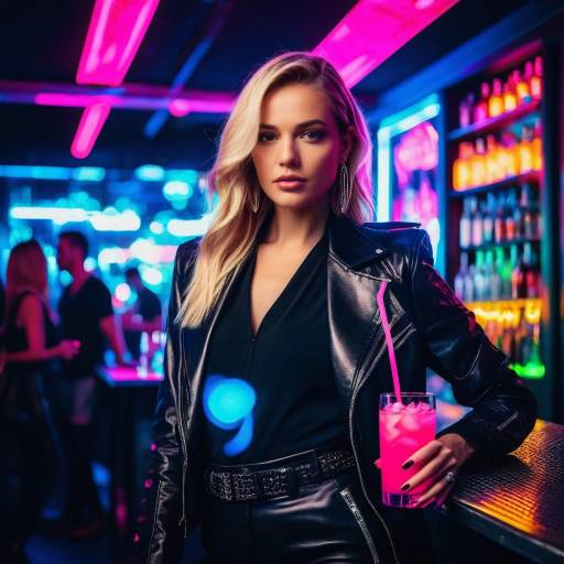 Blonde Woman in Nightclub with Neon Cocktail