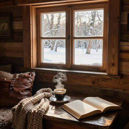 Cozy wooden cabin window view of snowy trees, steaming coffee, open book, and fur-lined bag on wooden table. Warm, rustic winter scene