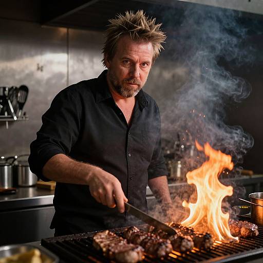 Photograph of a rugged, bearded man with spiky hair, wearing a black shirt, grilling meat over an open flame in a stainless steel