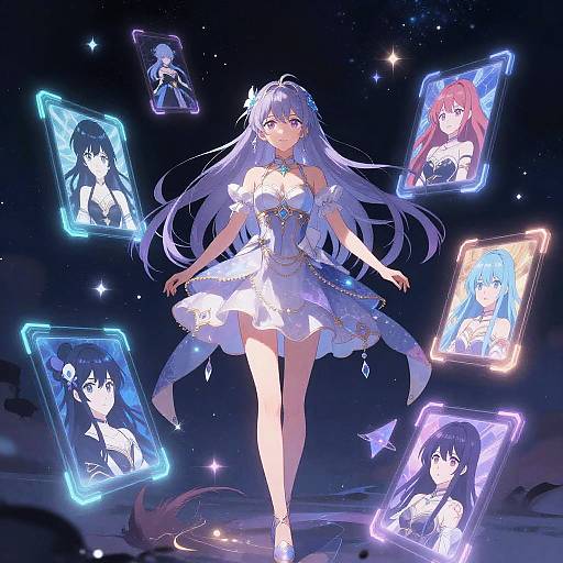Digital anime artwork of a blue-haired girl in a white dress surrounded by glowing, ethereal portraits of herself in various poses.