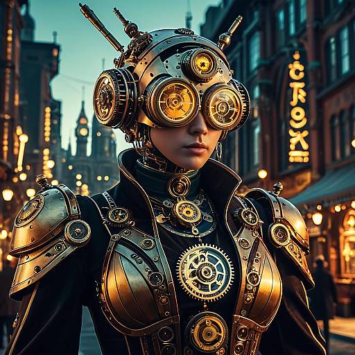 Intricate Clockwork Android in Steampunk City