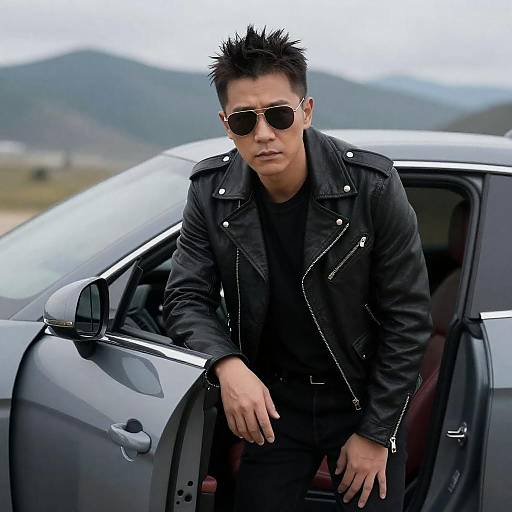 Man in Leather Jacket Leaning on Car Door