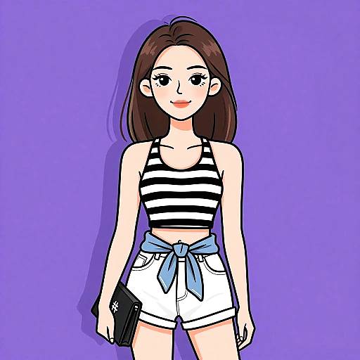 Digital illustration of a young woman with long brown hair, wearing a black-and-white striped tank top, white shorts, blue tie, holding a black clutch