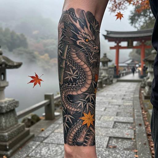 Japanese Dragon Tattoo with Bamboo and Mountains