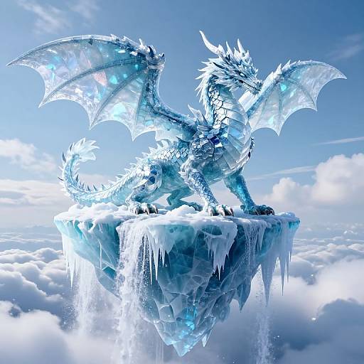 Digital art of a crystalline blue dragon with glowing eyes and wings, perched on an icy floating rock amidst fluffy clouds.