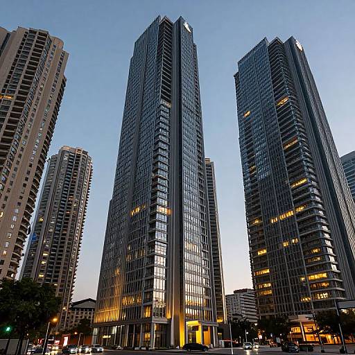 Photograph of tall, modern skyscrapers with reflective glass windows, illuminated by yellow lights, against a clear blue evening sky.