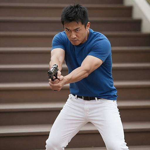 Aggressive Asian Man with Dual Guns