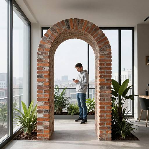 Photograph of a man in a white shirt and blue jeans standing in a modern office with large windows, using a smartphone under a rustic brick archway