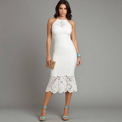 Photograph of a dark-haired woman in a white lace sleeveless midi dress, turquoise bracelet, and matching heels, holding a gold clutch, standing against