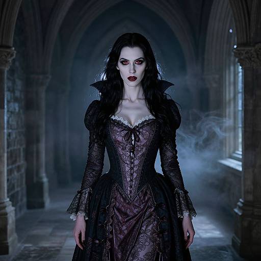 Gothic-themed photograph of a pale-skinned woman with red lips, black lace dress, and long dark hair, standing in a dimly lit
