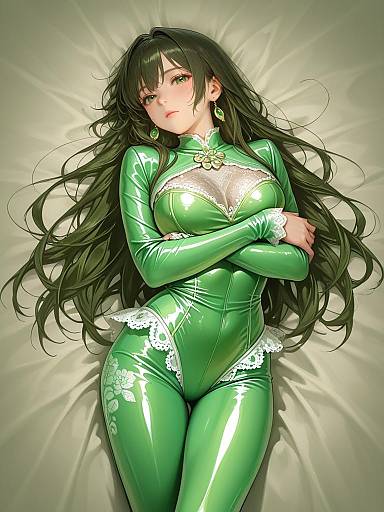 Woman in Emerald Green Bodysuit Lying Down