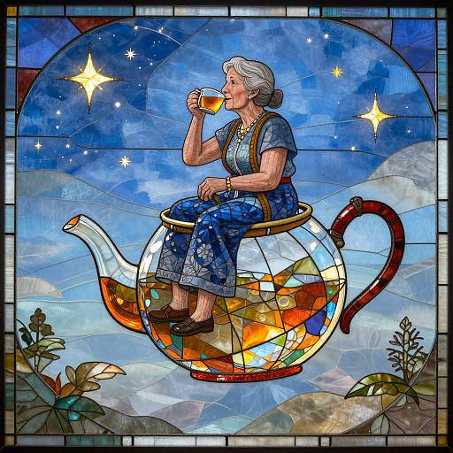 Stained glass artwork of an elderly woman with grey hair, sipping tea from a colorful, floating teapot against a starry blue sky.