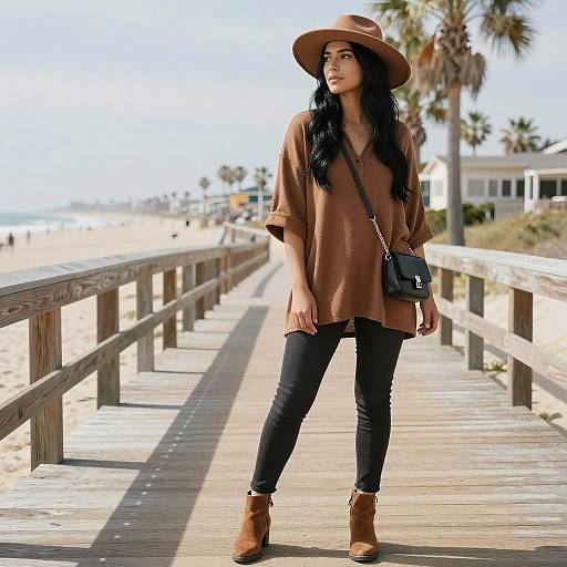 Photograph of a young woman with long black hair, wearing a brown hat, loose brown top, black pants, and brown ankle boots, standing on