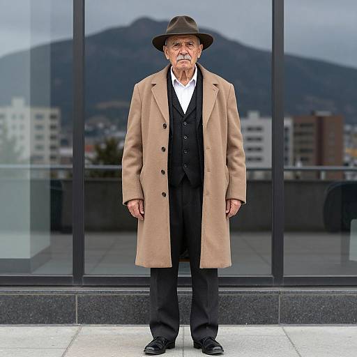 Old Man in Tan Coat Against Cityscape